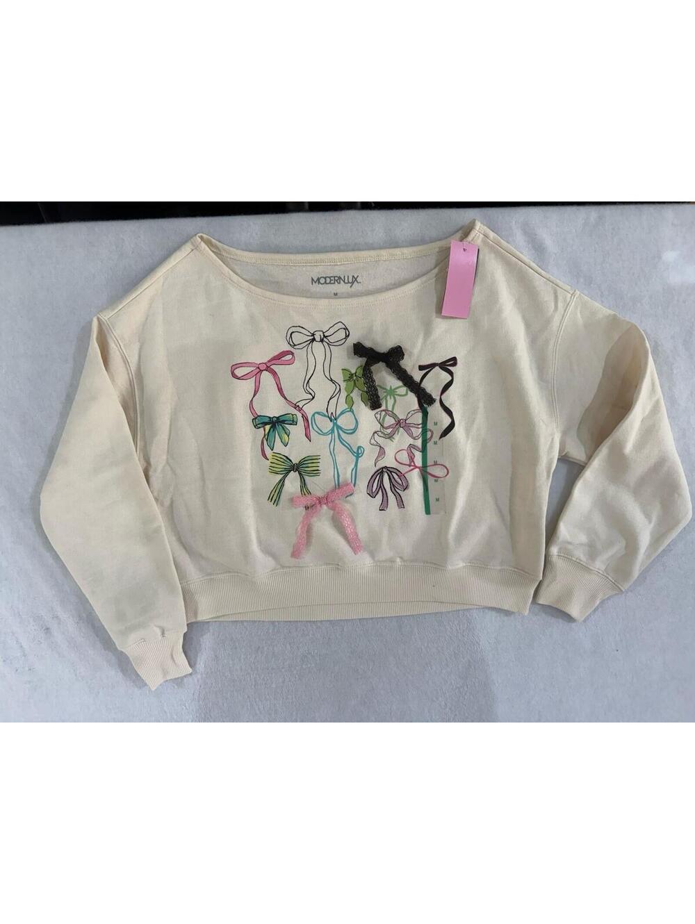 MODERNLUX Bow Graphic Ivory Cotton Pullover Sweatshirt Women's Size L